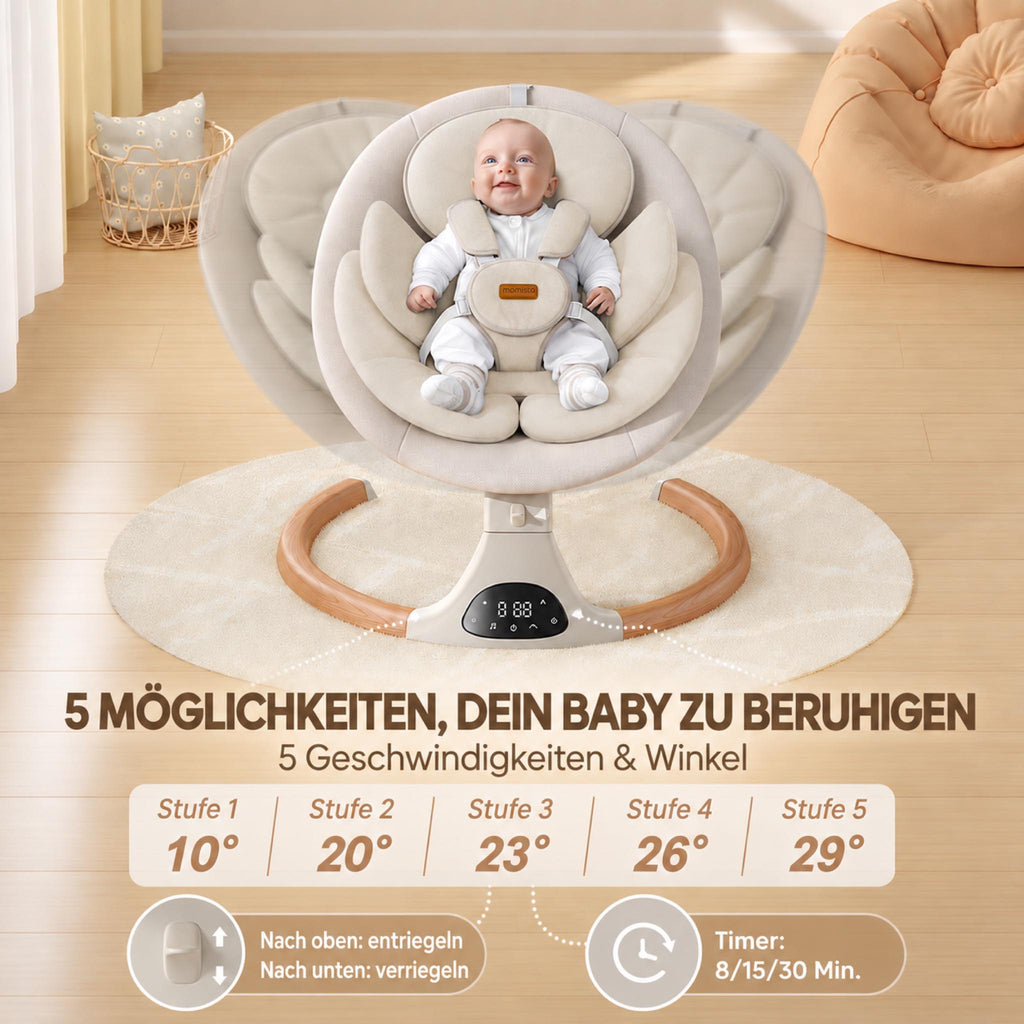 SwingGo – Elektrische Babywippe mit Bluetooth & 5 Schaukelstufen